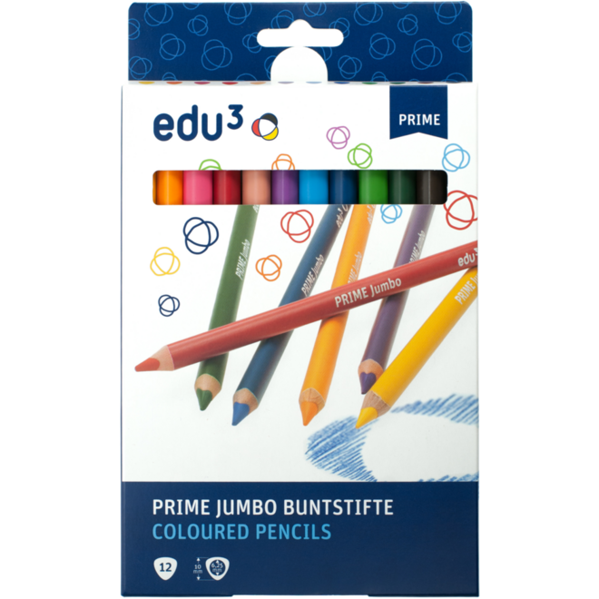 Kleurpotloden edu³ Prime Jumbo 10 mm driekantig assorti, 12 stuks