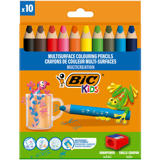 Kleurpotloden BIC Multi surface 3-in-1 assorti, 10 stuks incl. slijper