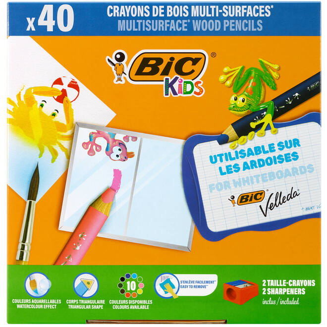 Kleurpotloden BIC Multi surface 3-in-1 assorti, 40 stuks incl. slijpers