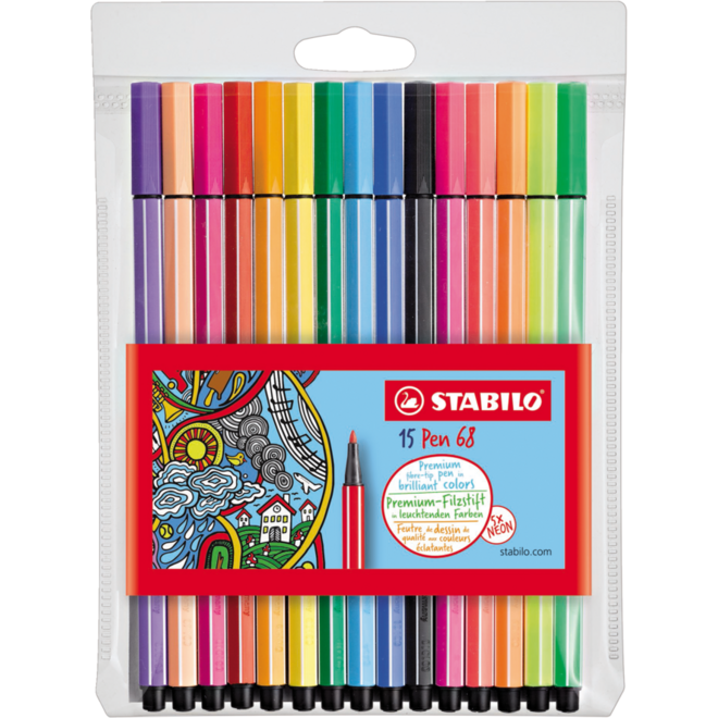 Viltstift STABILO pen 68 etui 10 +5 stuks neon