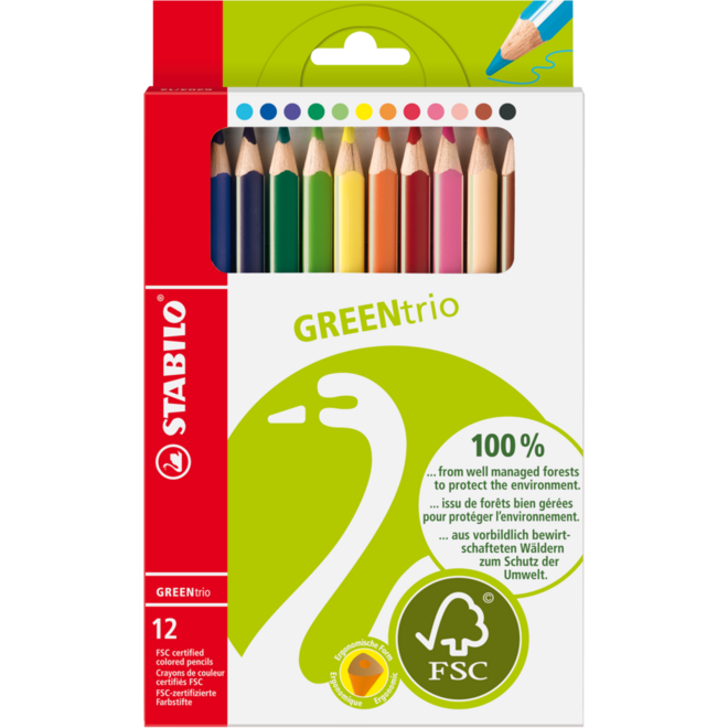 Kleurpotloden STABILO GREENtrio driekantig assorti, 12 stuks