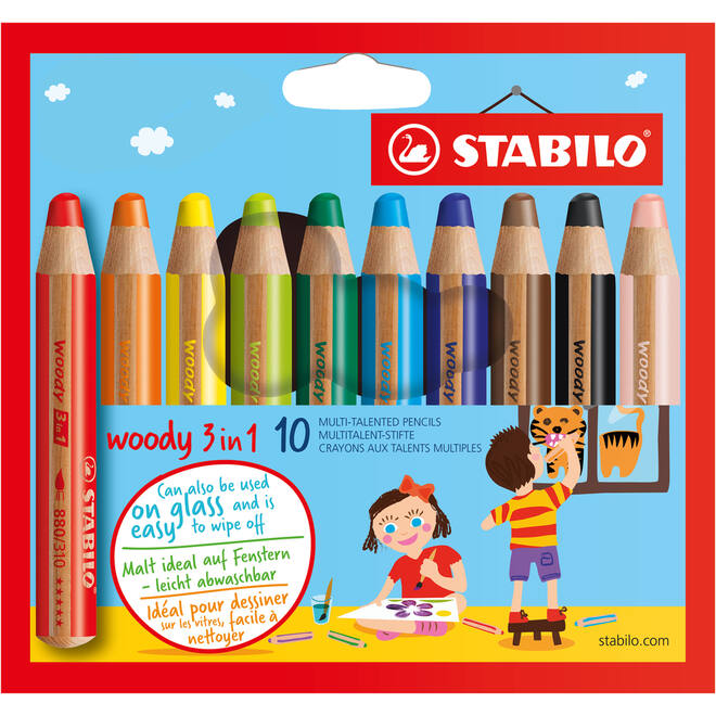 Waskrijt aquarel STABILO woody 3-in-1 assorti, 10 stuks