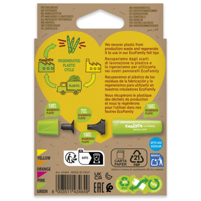 Markeerstift Carioca EcoFamily Memolight assorti, 4 stuks