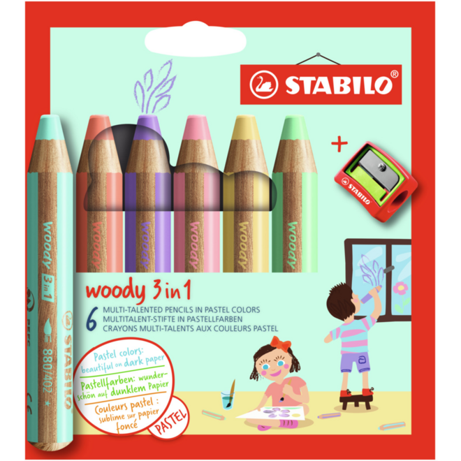 Waskrijt aquarel STABILO Woody pastel 3-in-1 assorti met slijper, 6 stuks