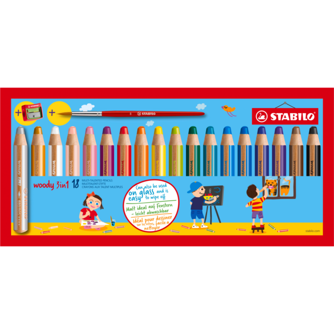 Waskrijt aquarel STABILO Woody 3-in-1 assorti met slijper, 18 stuks