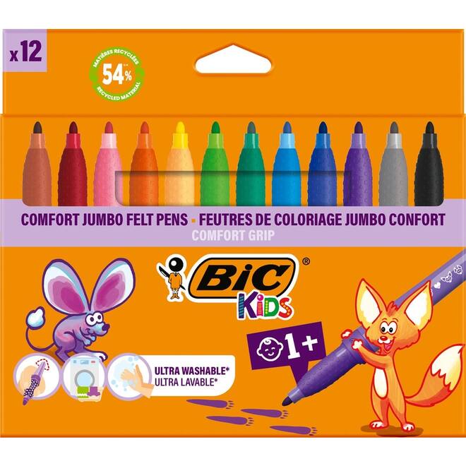 Viltstiften BIC kids comfort jumbo assorti, 12 stuks