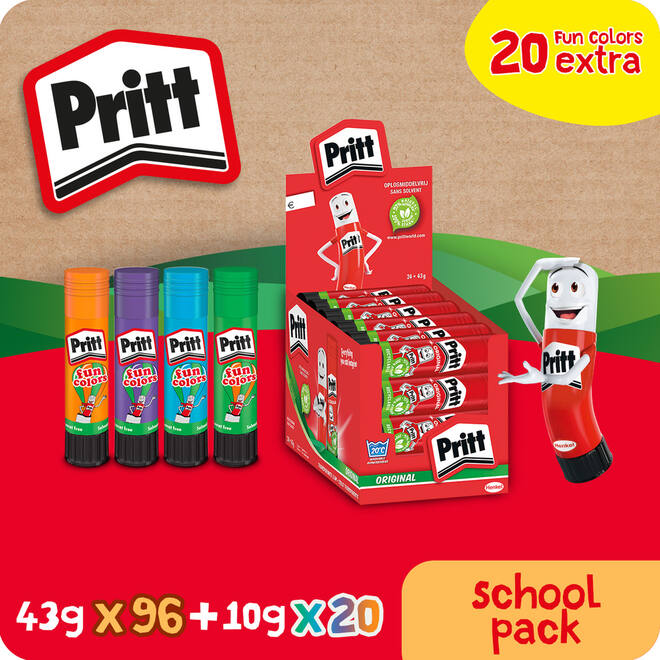 Plakstift Pritt 43 gram 96. st + 20 st. Pritt Color 10 gram