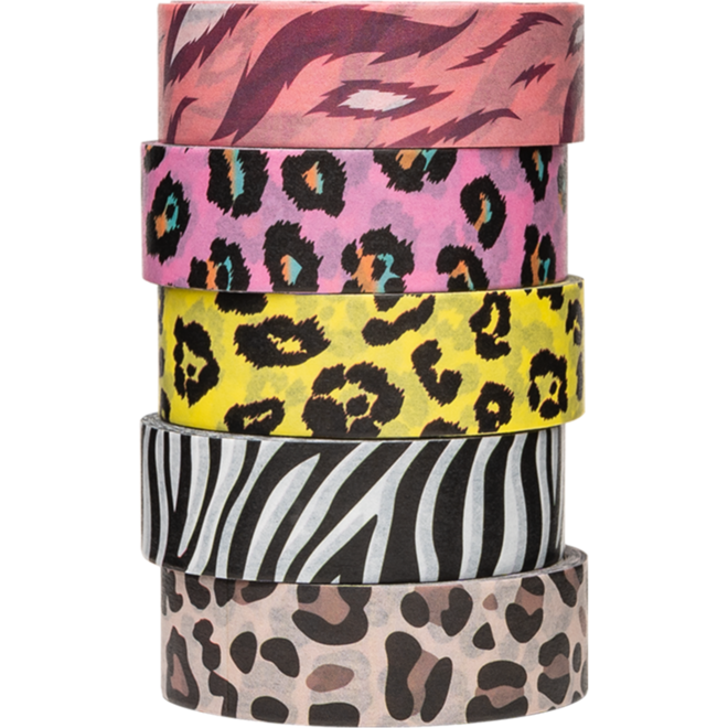 Washi Tape dierenpatronen 15 mm x 5 meter, 5 stuks