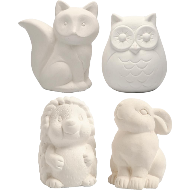 Dieren spaarpotten, uil, vos, egel, haas, 9-10 cm wit, 4 stuks