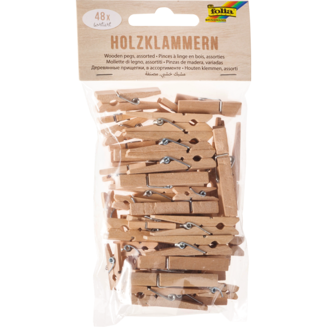 Wasknijpers hout assorti, 48 stuks