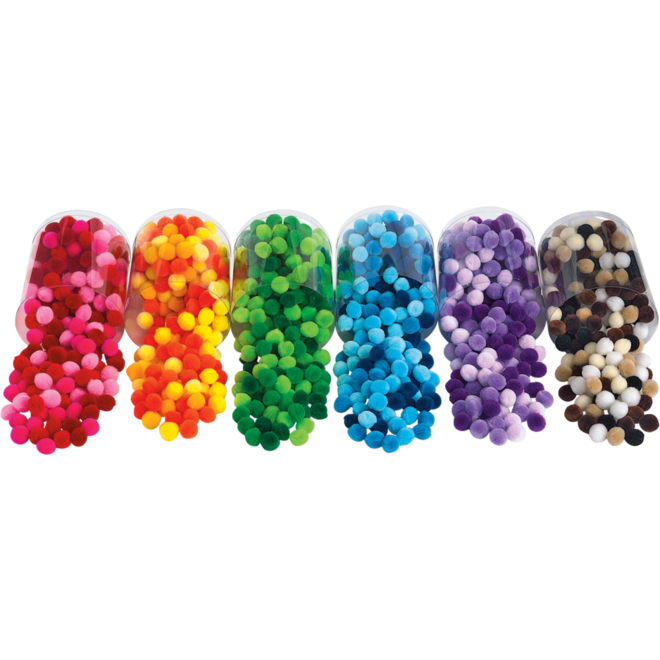 Pompons 2 cm 6 kleuren assorti, 1500 stuks
