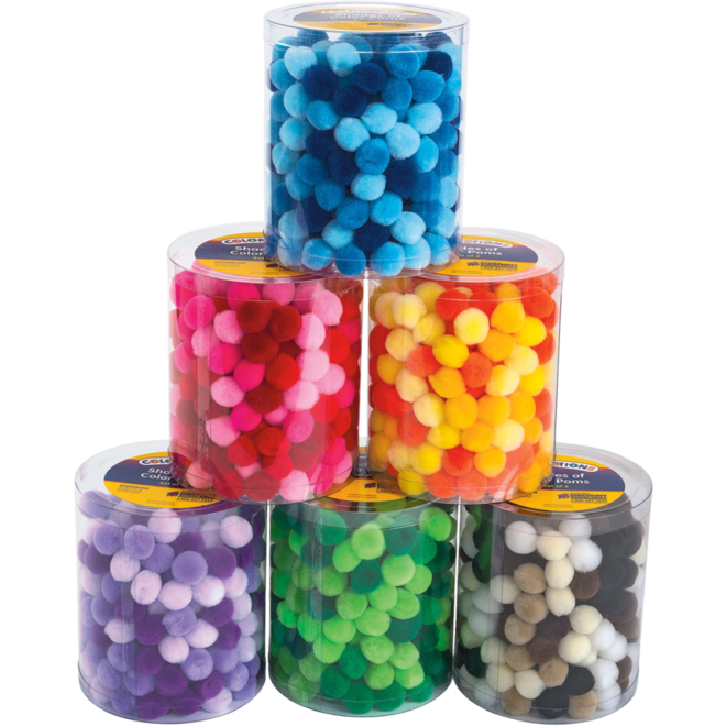 Pompons 2 cm 6 kleuren assorti, 1500 stuks