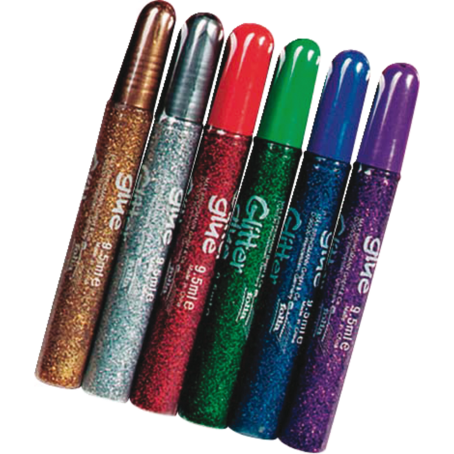 Glitter lijmpen, 6 kleuren metallic 9,5 ml