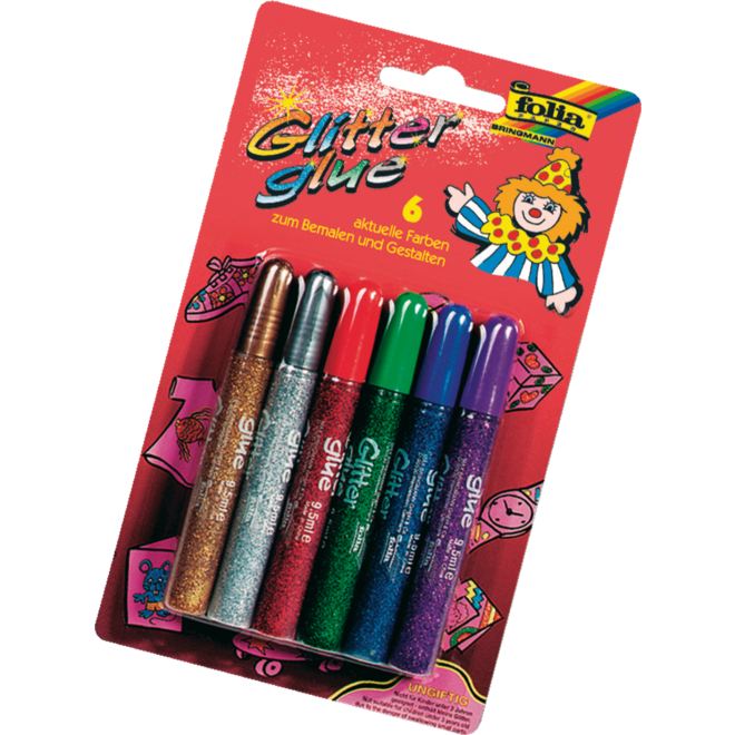 Glitter lijmpen, 6 kleuren metallic 9,5 ml