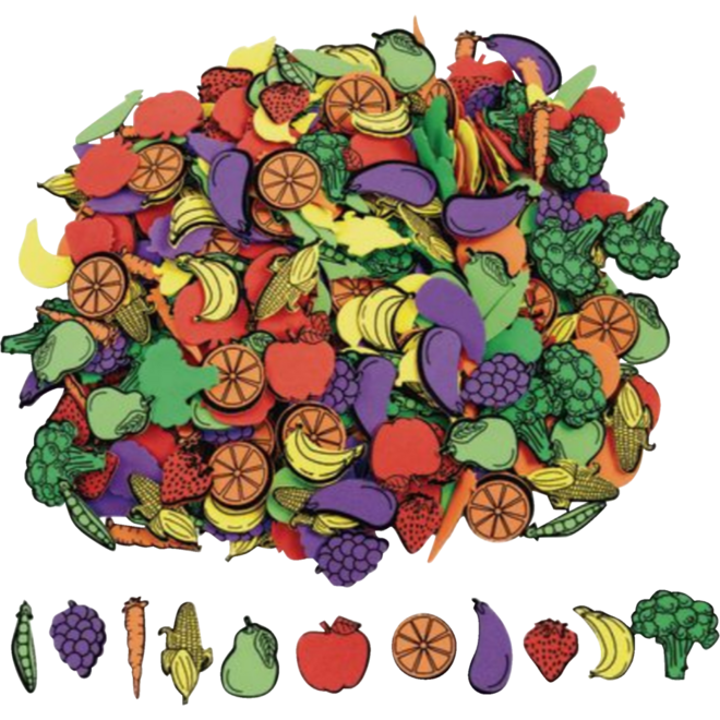 Foam plakfiguren groente/fruit 4-5 cm assorti, 500 stuks