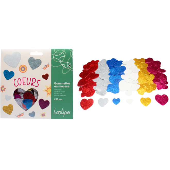Foamstickers glitter hartjes assorti, 200 stuks
