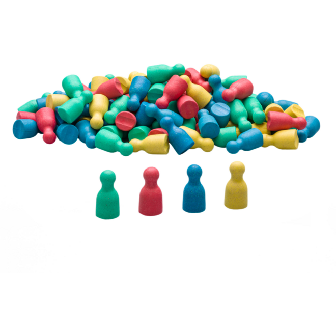 Pionnen in 4 kleuren (25 rode, groene, blauwe en gele), set van 100 stuks