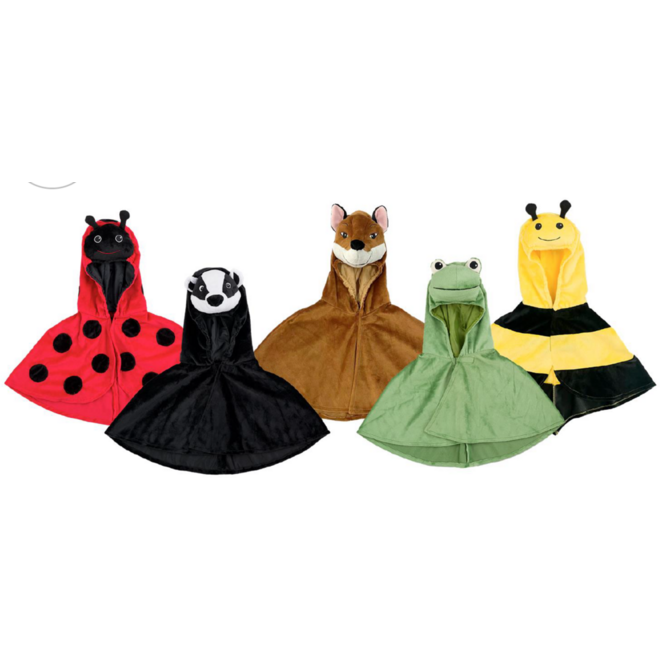 Bosdierencapes, set van 5, Lieveheersbeestje, Das, Vos, Kikker, Hommel
