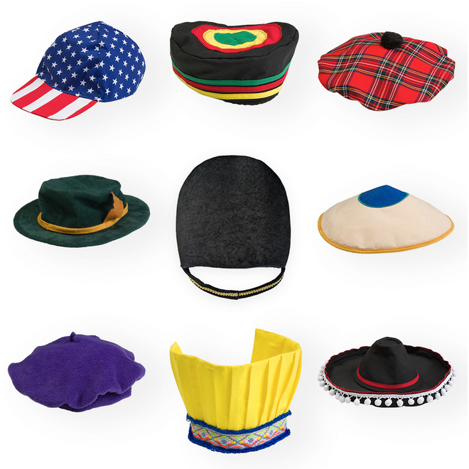 Verkleedkleding | Hoeden uit de hele wereld, set van 9 stuks