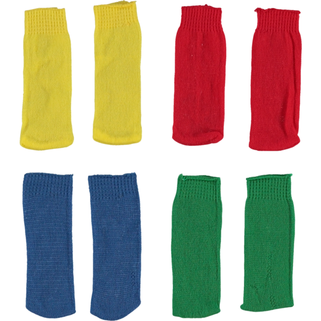 Poppensokjes, 4 paar (blauw, rood, groen en geel)