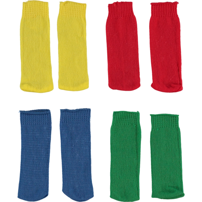 Poppensokjes, 4 paar (blauw, rood, groen en geel)