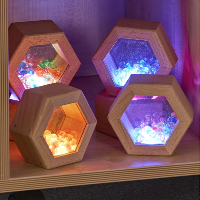 Lichtgevende houten geluidzeshoeken, 6 stuks
