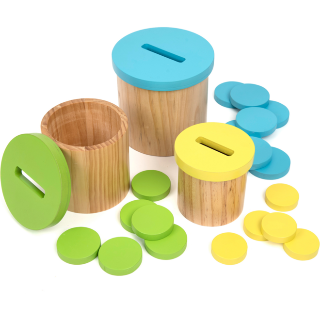 Kleur en sorteelspel met 3 houten bakken, schijven