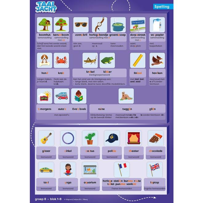 Taaljacht Spelling & grammatica groep 8 categoriekaarten & stappenplan (5 stuks)