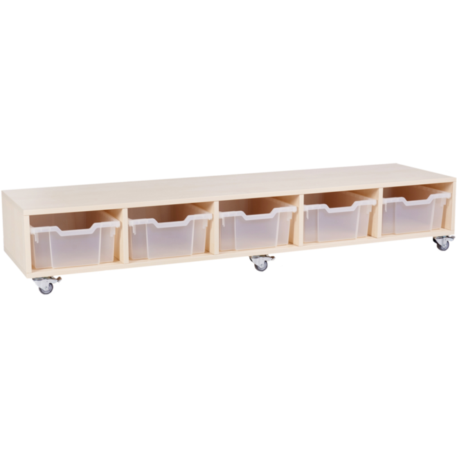 Peuterbank recht 172 x 43 x 30 cm incl wielen, 5 lades 15 cm hoog, ahorn