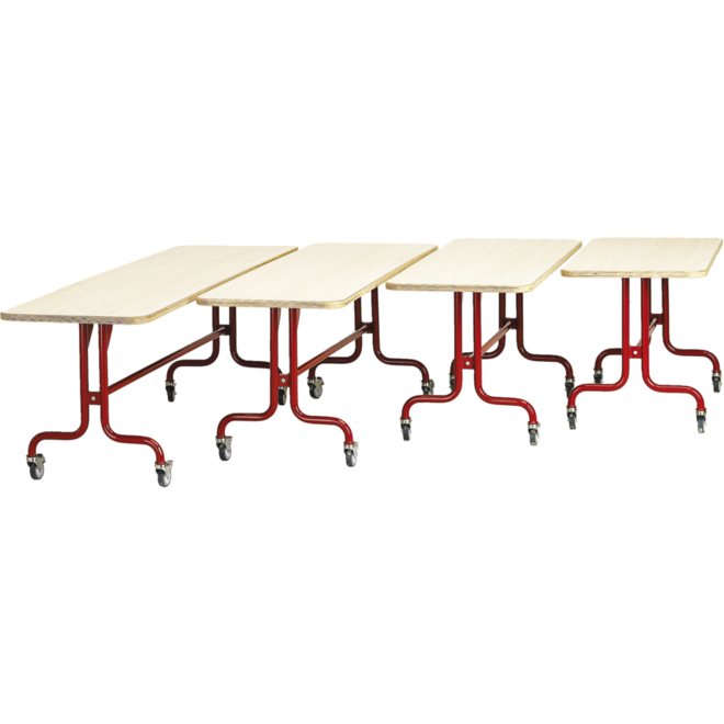 Tafel 150 x 60 cm, rood onderstel blad met berkenstructuur hoogte 71 cm