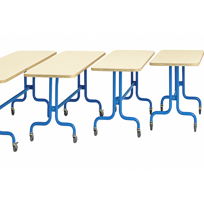 Tafel 180 x 80 cm, blauw onderstel blad met berkenstructuur hoogte 71 cm