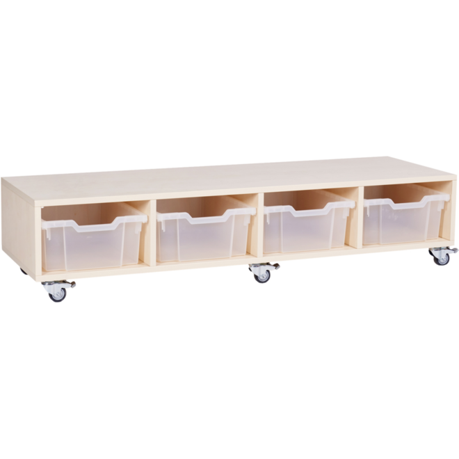 Peuterbank recht 138 x 43 x 30 cm incl wielen, 4 lades 15 cm hoog, ahorn