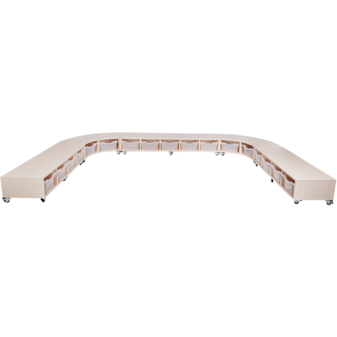 Peuterbank recht 138 x 43 x 30 cm incl wielen, 4 lades 15 cm hoog, ahorn