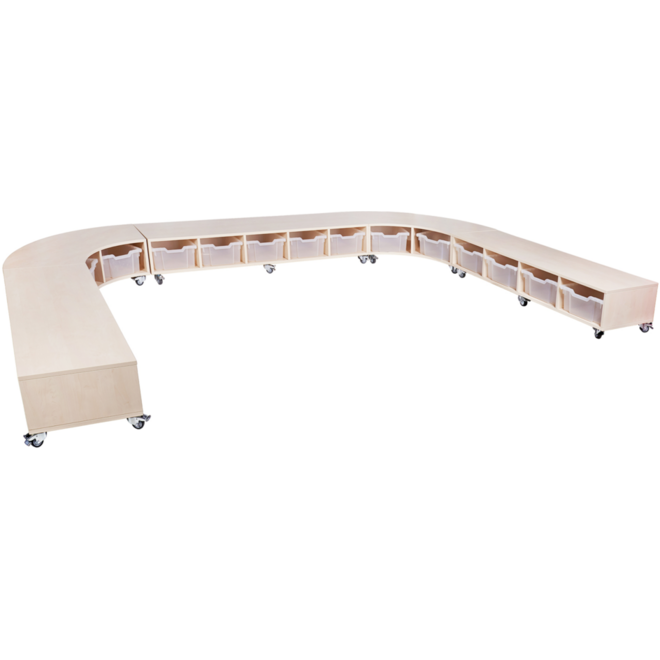 Peuterbank recht 138 x 43 x 30 cm incl wielen, 4 lades 15 cm hoog, ahorn