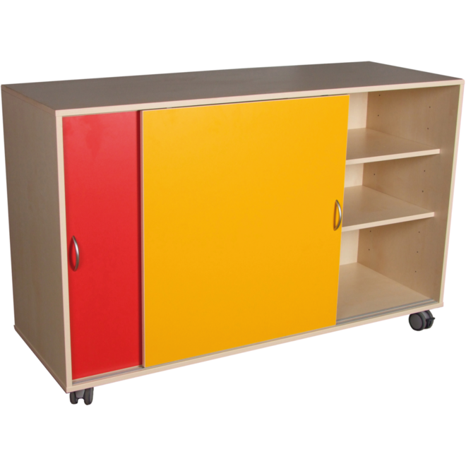 Materiaalkast Flex 4, 4 legplanken gekleurde schuifdeuren en wielen, Ahorn