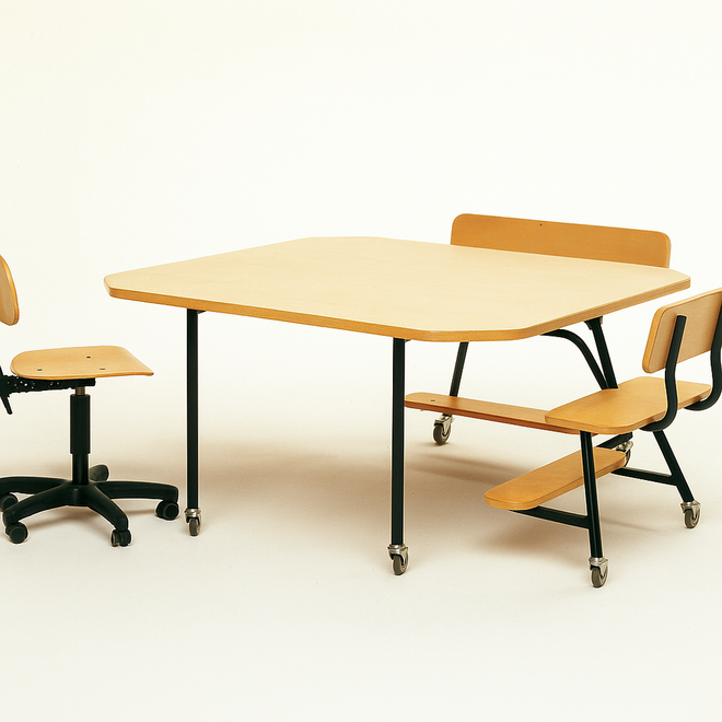 Peuterinstructietafel met 2 banken, zwart onderstel en berkenstructuur blad