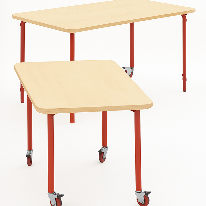 Tafel 132 x 66cm, rood onderstel blad met berkenstructuur