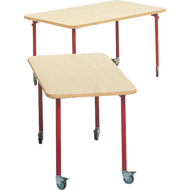 Tafel 132 x 80cm, rood onderstel blad met berkenstructuur