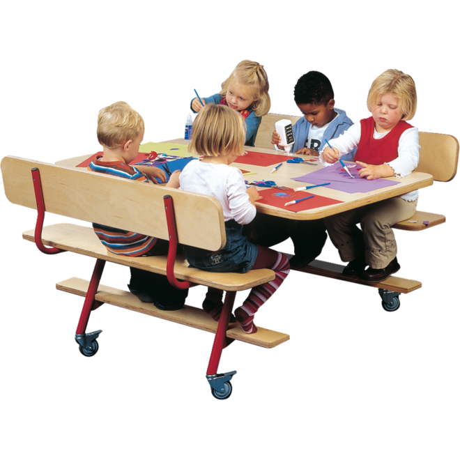 Tafel 132 x 80 cm met 2 banken, rood onderstel en berkenstructuur blad