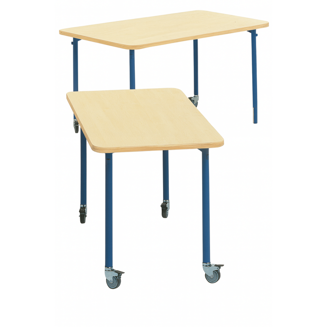 Tafel 132 x 66cm, blauw onderstel blad met berkenstructuur