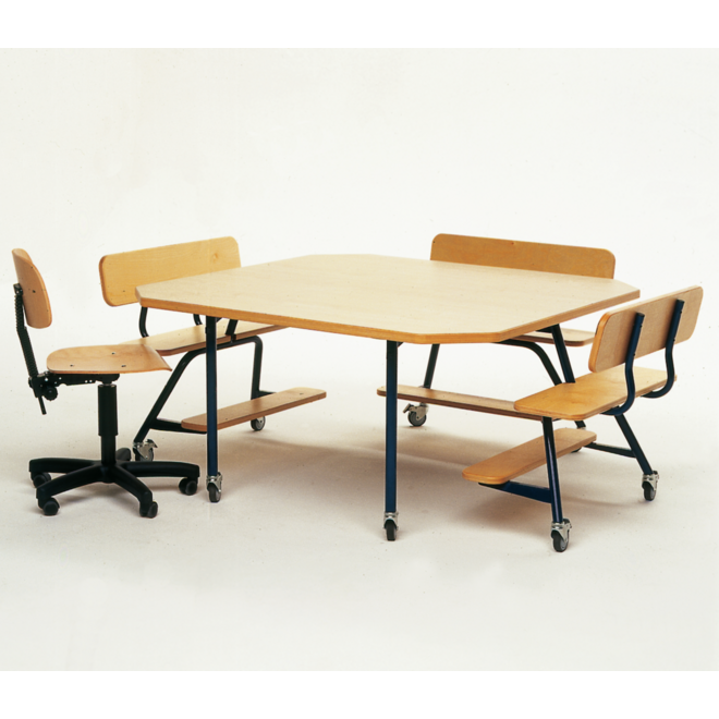 Peuterinstructietafel met 3 banken, blauw onderstel en berkenstructuur blad