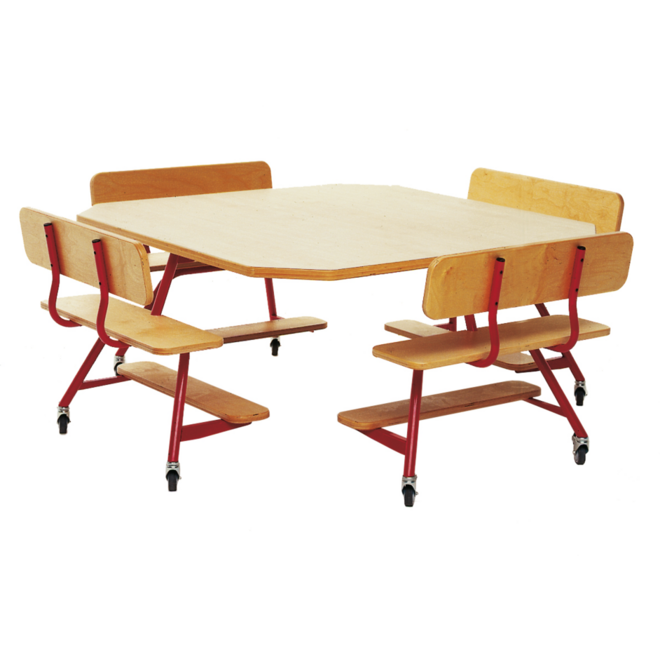 Peuterinstructietafel met 4 banken, blauw onderstel en berkenstructuur blad