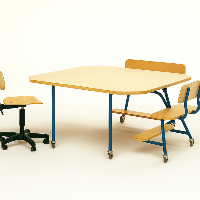 Peuterinstructietafel met 2 banken, blauw onderstel en berkenstructuur blad