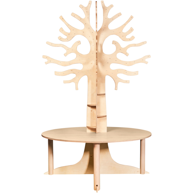 Tafelboom 240cm (h), ronde tafel 150cm, F6 (76cm) HPL blad wit eiken