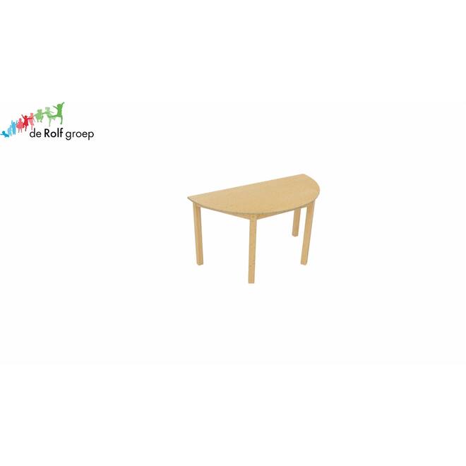 Tafel halfrond 140 × 70, 53 cm hoog, beuken blad, onderstel beuken