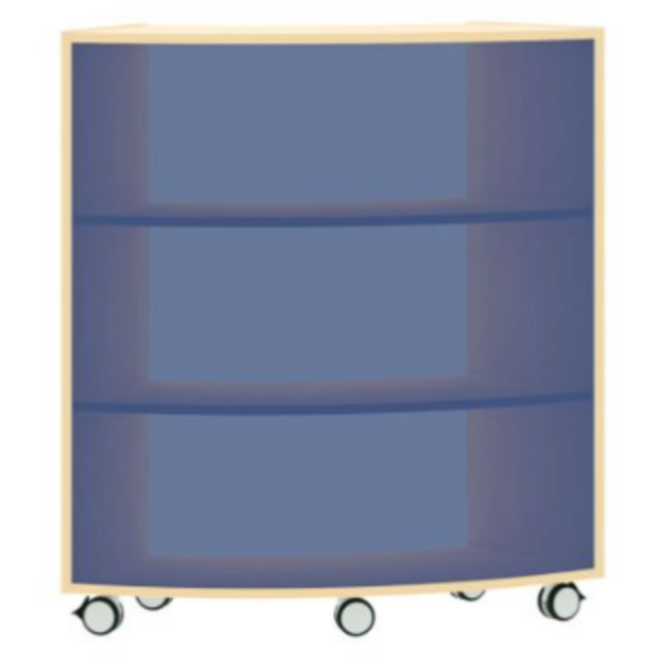 Boogkast op 5 wielen, acryl achterwand blauw aan de buitenkant 60°, ahorn