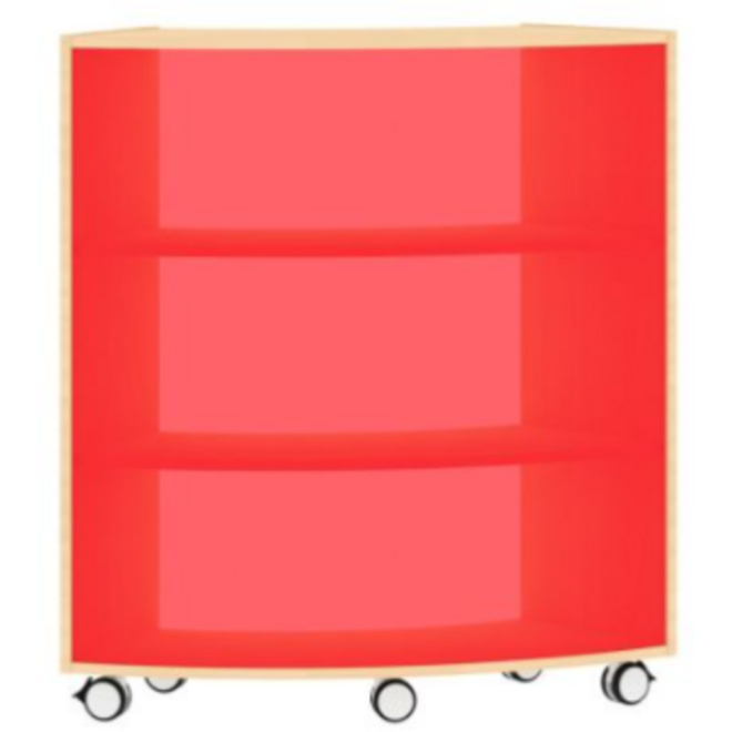 Boogkast op 5 wielen, acryl achterwand rood aan de buitenkant 60°, beuken