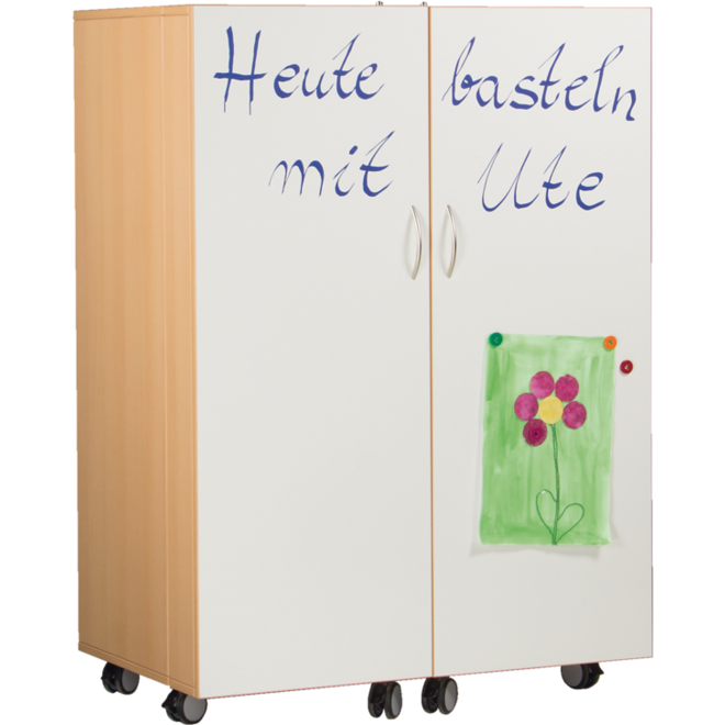 Klapkast Uni beuken verrijdbaar,  deuren whitebord, 105 x 68 x 146 cm