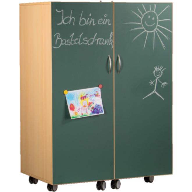 Klapkast Crea beuken verrijdbaar,  deuren krijtbord, 105 x 65 x 146 cm