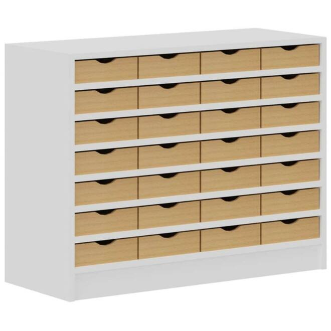 Kast met 28 lades van hout, wit, 100 cm breed, 77 cm hoog